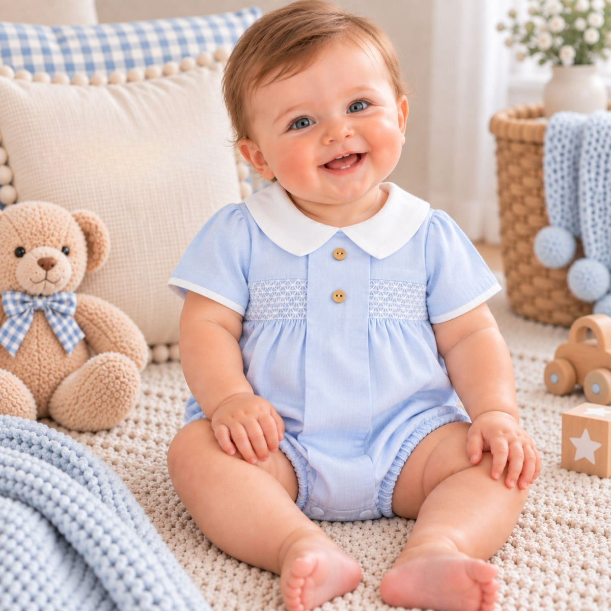 A baby sitting on a cream knit blanket in a nursery setting, wearing a light blue short-sleeve romper with a white Peter Pan collar and small gold buttons. A beige teddy bear with a blue bow tie sits to the left, and a blue knit blanket, wicker basket, and wooden toy are visible in the background.