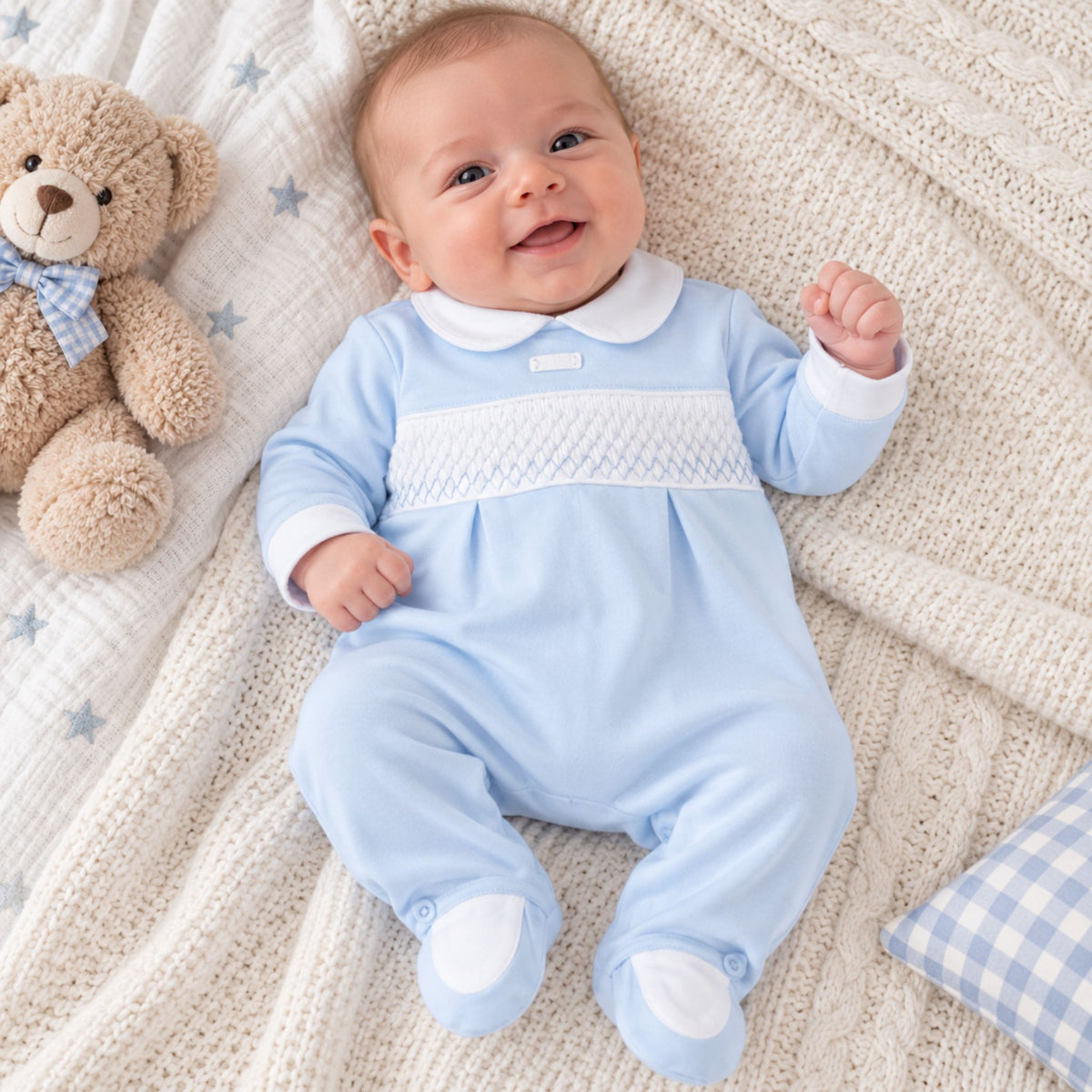 Amore Baby Boys Blue Smocked Sleepsuit – Long Sleeve with Footed Design