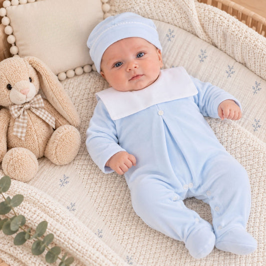 baby boy blue velour sleepsuit with hat