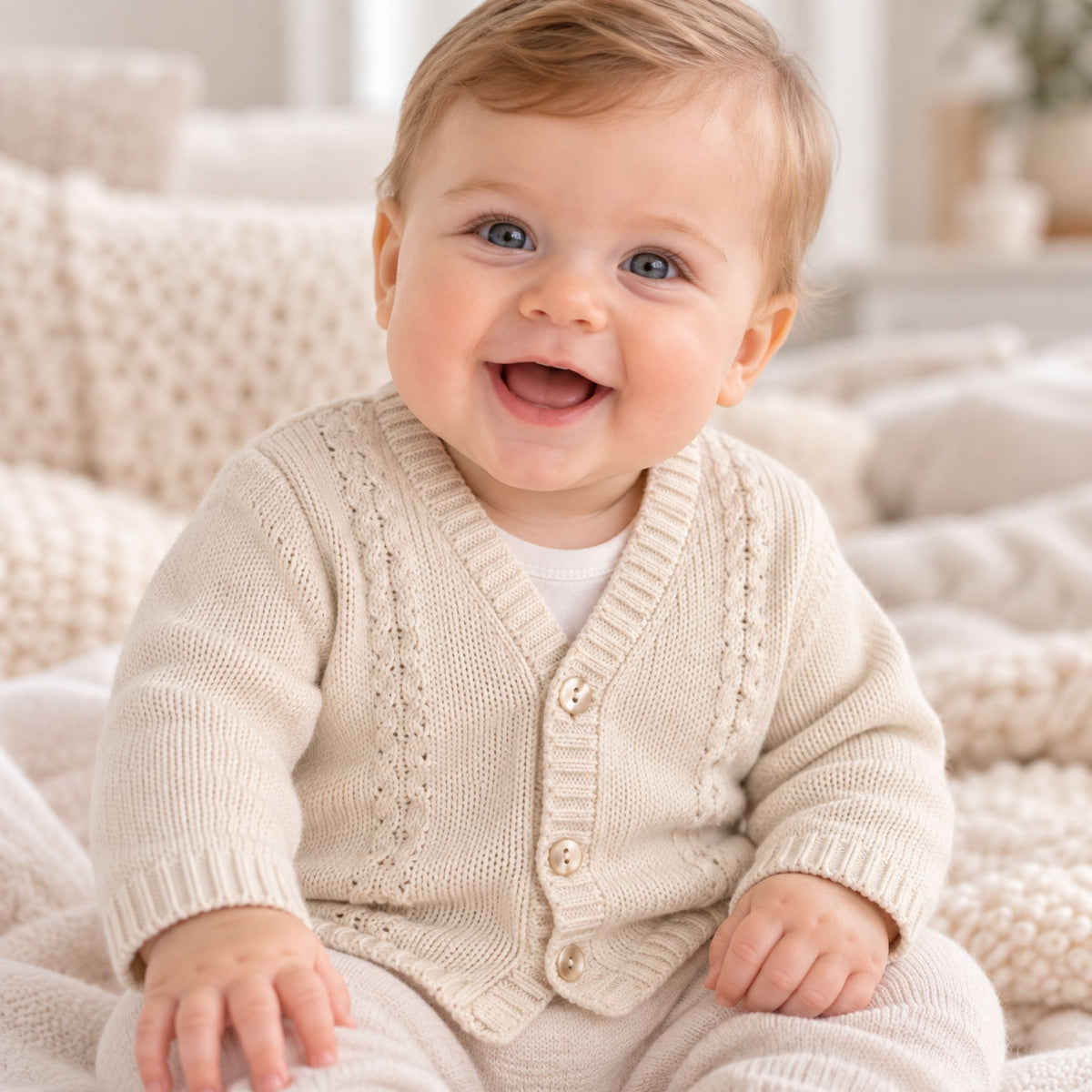A smiling baby sitting on a soft cream knit blanket, wearing a cream cable-knit cardigan over a white shirt and matching cream knit pants.