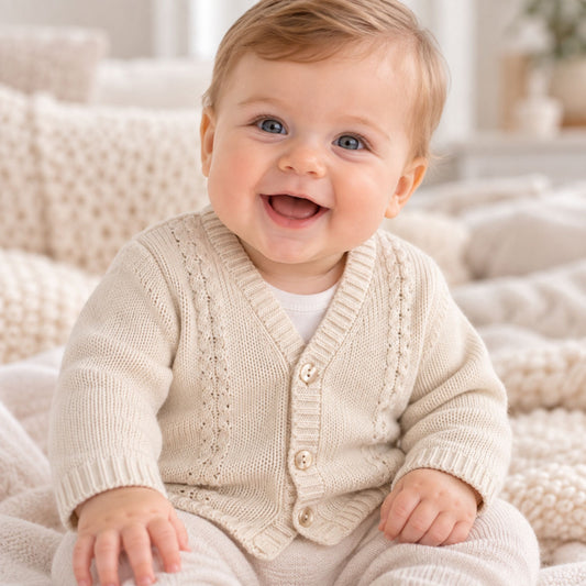 A smiling baby sitting on a soft cream knit blanket, wearing a cream cable-knit cardigan over a white shirt and matching cream knit pants.