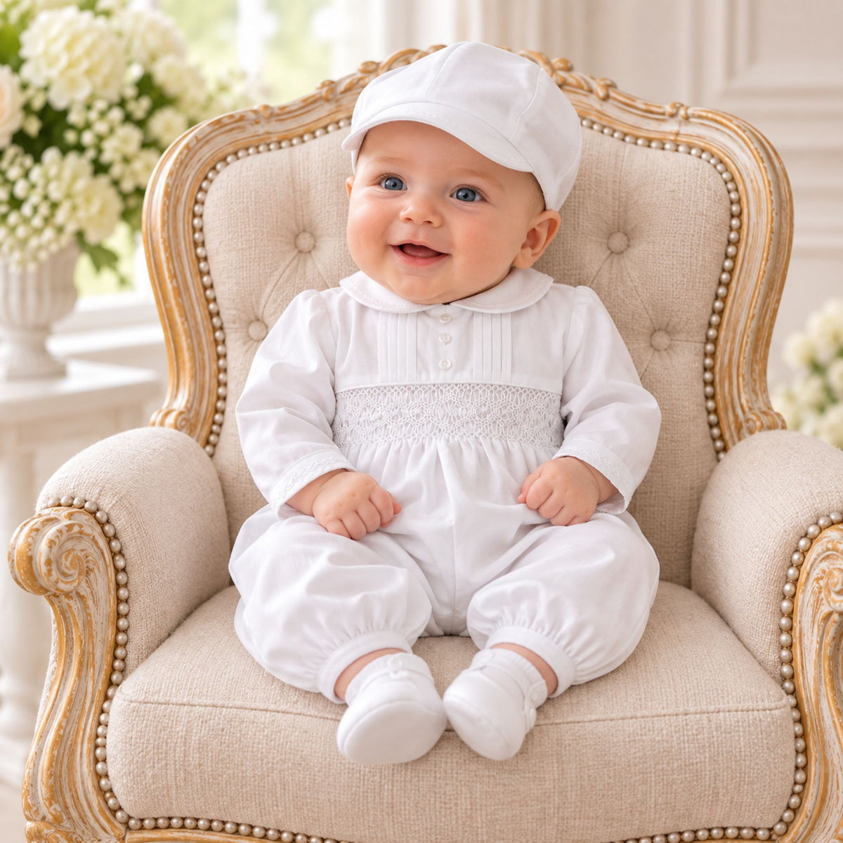 A baby wearing a white long-sleeve baby outfit with a smocked chest panel, matching white bonnet, and white booties, sitting on an ornate beige armchair.