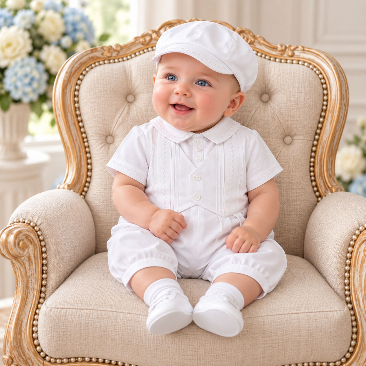 A baby wearing a white short-sleeve collared romper, matching white cap, white socks, and white shoes, sitting on a beige tufted armchair with a gold frame.