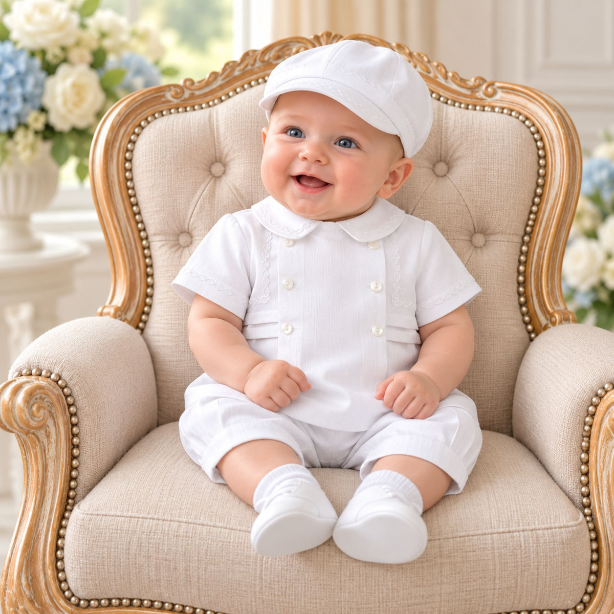 A smiling baby wearing a white short-sleeve outfit with a matching white cap and white socks, seated in an ornate beige armchair with gold trim.