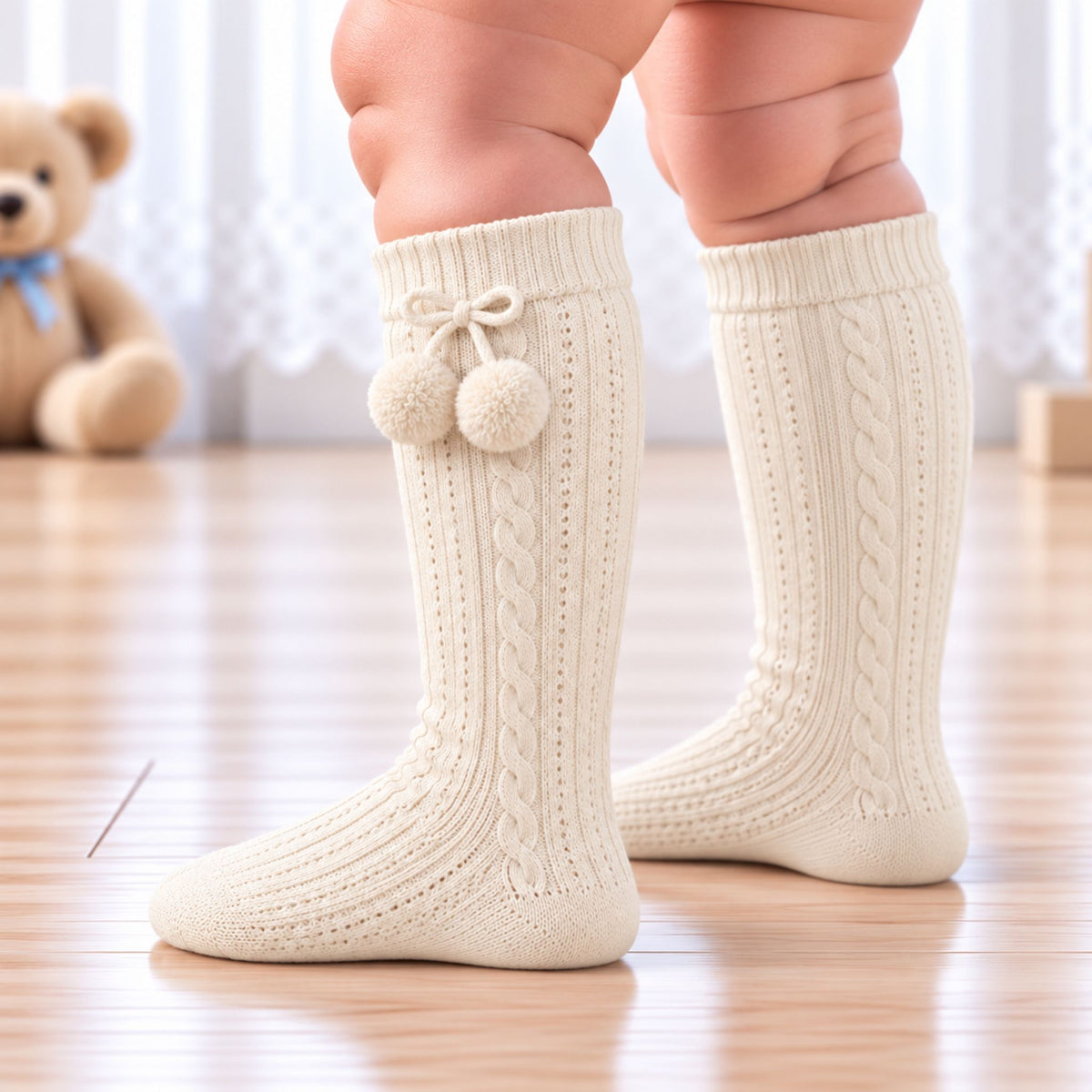 cream baby pom socks