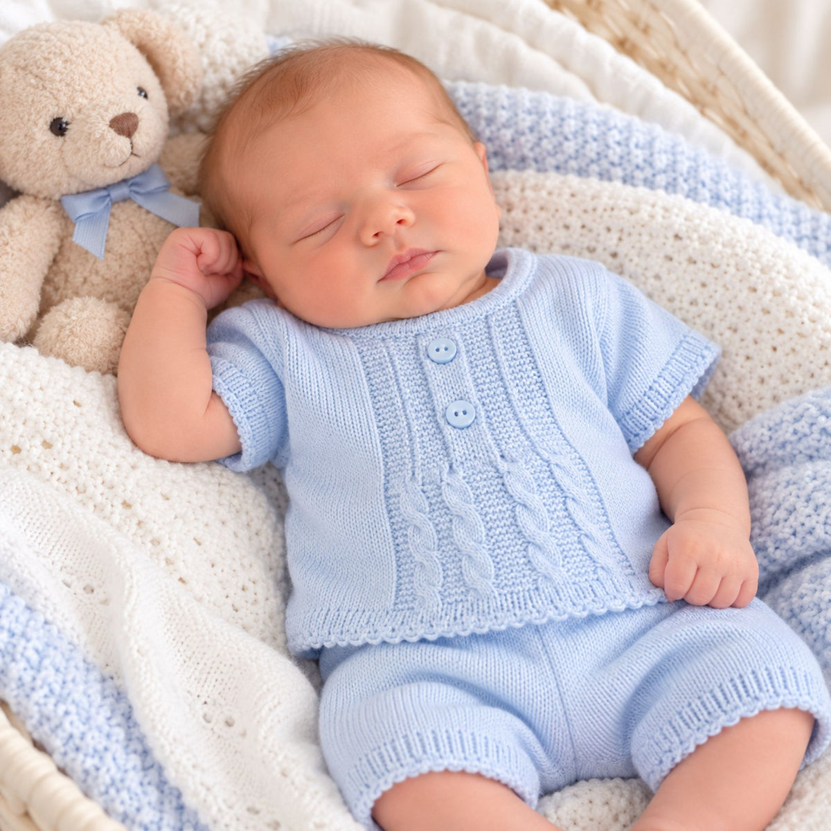 A sleeping newborn baby wearing a light blue knit short-sleeve top and matching shorts, lying on a white and blue crocheted blanket next to a beige teddy bear.