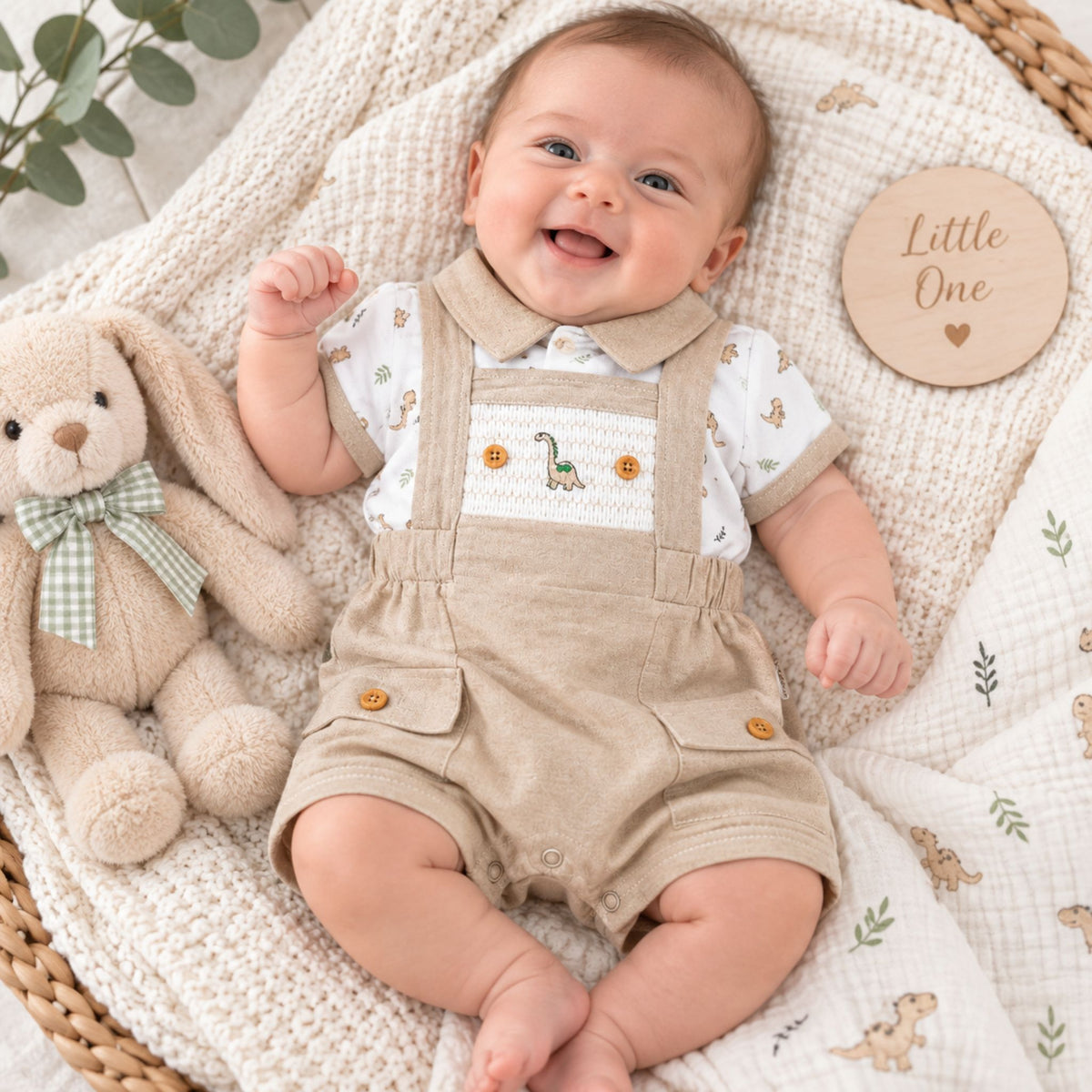 A smiling baby wearing a beige corduroy-look overall romper over a white short-sleeve shirt with small animal prints, lying on a cream knit blanket next to a plush bunny. A round wooden sign reads 'Little One'.