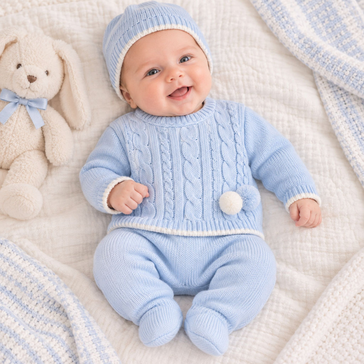 newborn baby boy knitted 3 piece outfit with hat