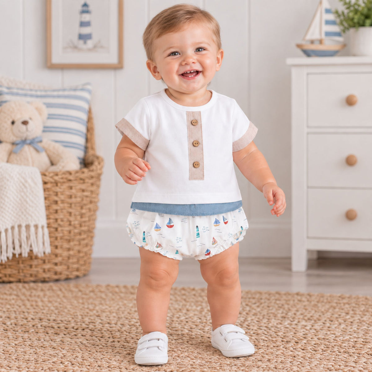 A smiling toddler stands on a woven rug in a bright nursery, wearing a white short-sleeve top with beige trim and buttons, a light blue waistband, and white diaper cover with a sailboat print. A teddy bear, basket, and white dresser are visible in the background.