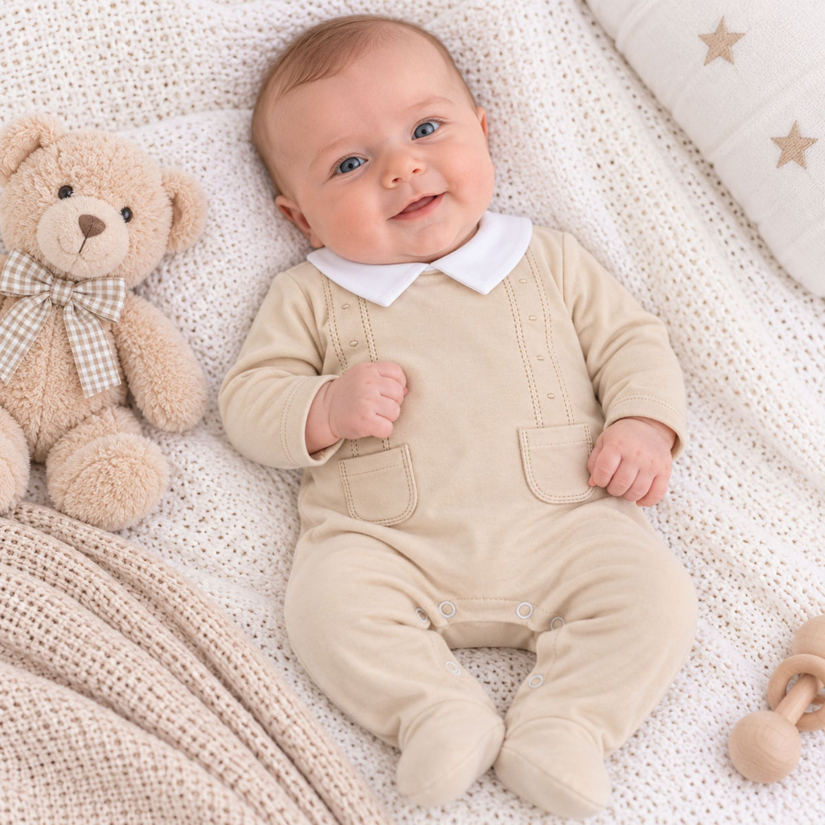 baby boy in beige cotton sleepsuit