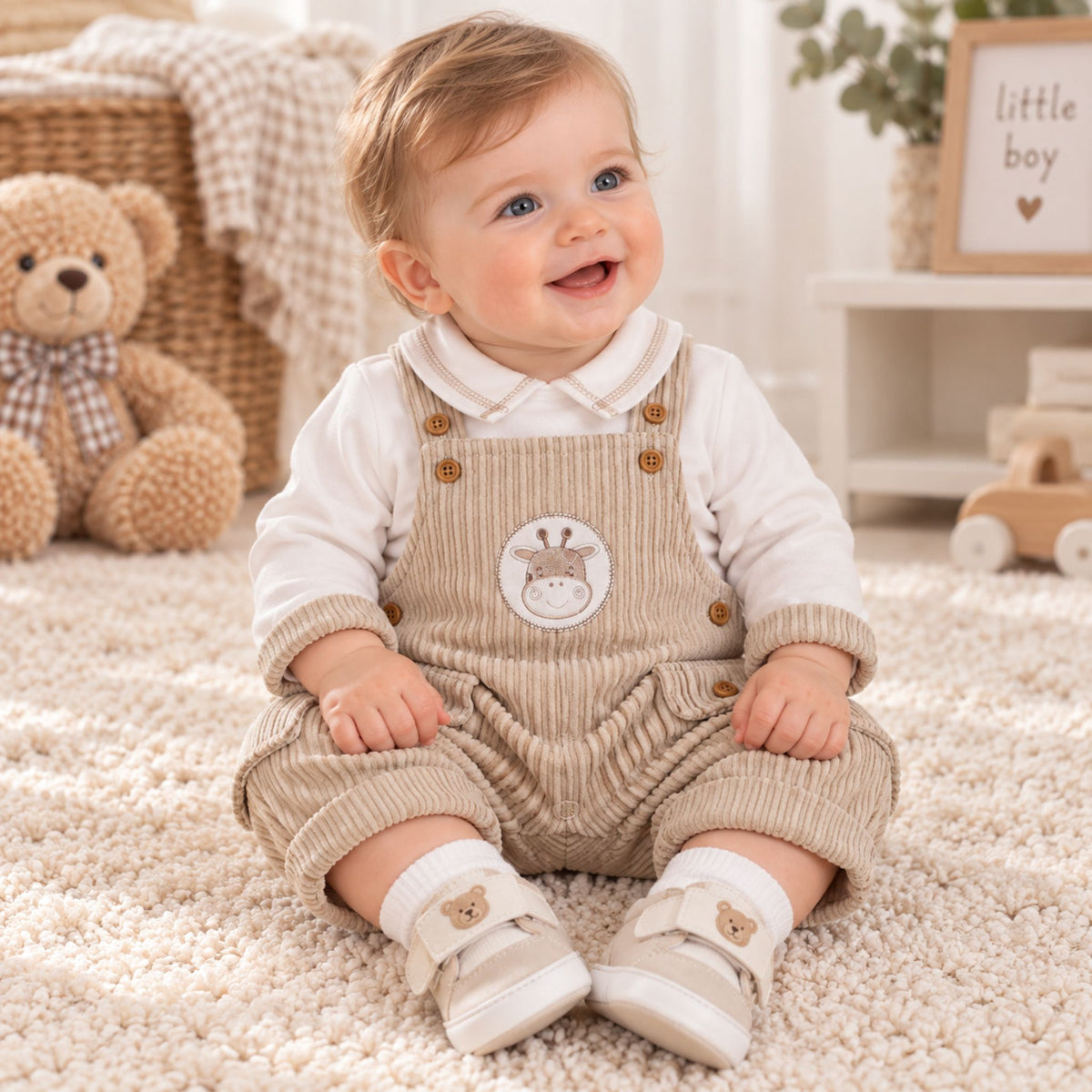 A baby sitting on a cream carpet wearing beige corduroy overall-style pants over a white long-sleeve shirt, with white socks and beige shoes. A teddy bear and nursery decor are visible in the background.