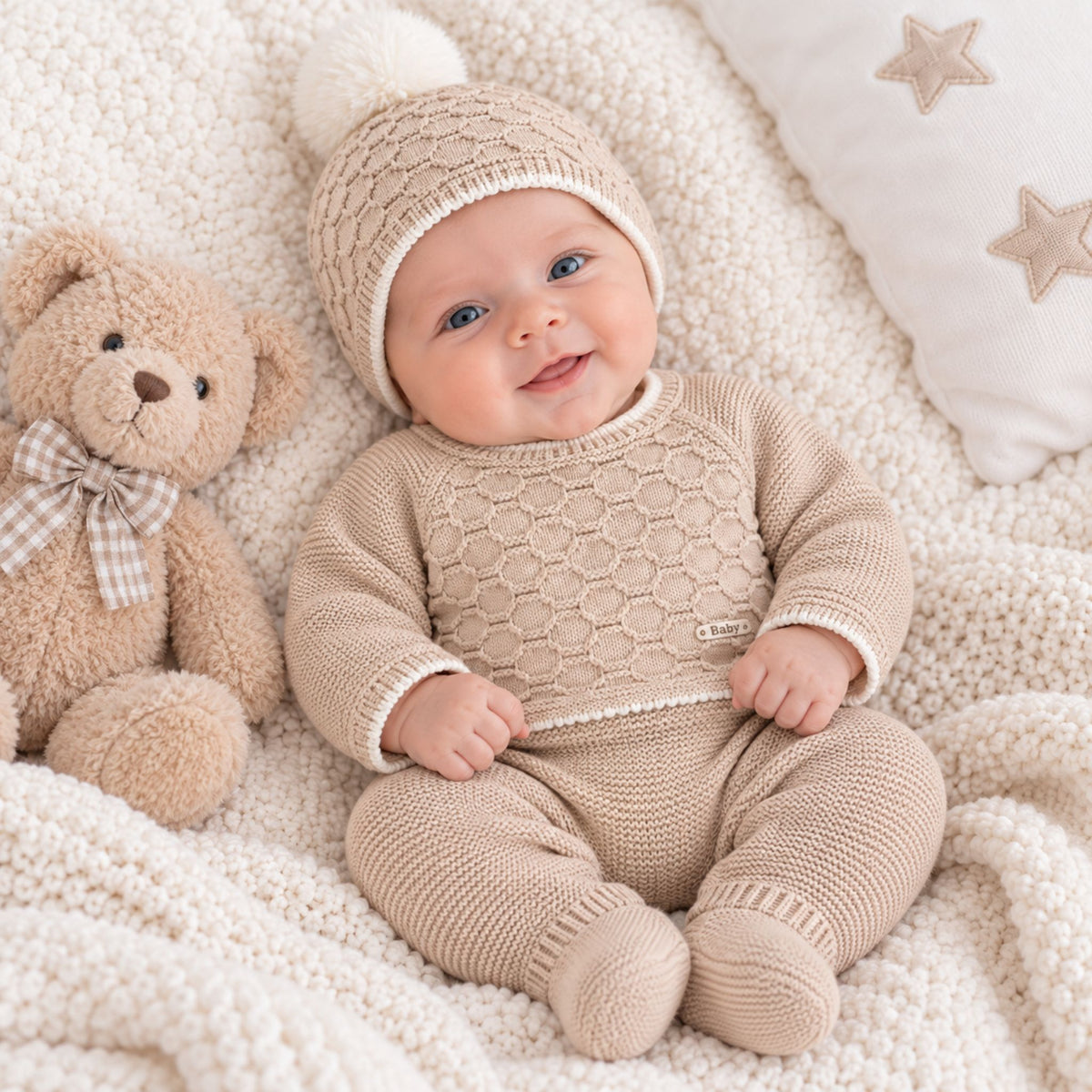 Baby Beige Knitted Jumper, Leggings & Pom Hat Set