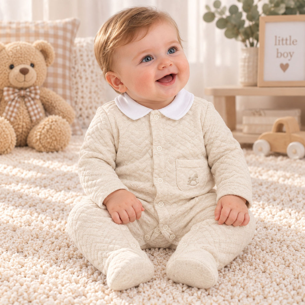A baby sitting on a cream carpet wearing a cream quilted footed romper with a white Peter Pan collar. The background features a teddy bear, a small wooden toy car, and a framed sign reading 'little boy'.