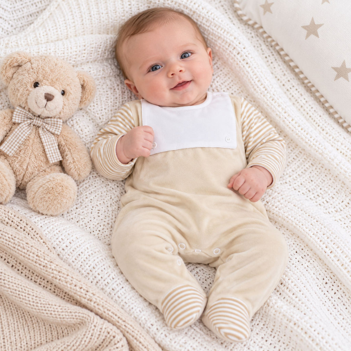 baby boy in beige velour sleepsuit