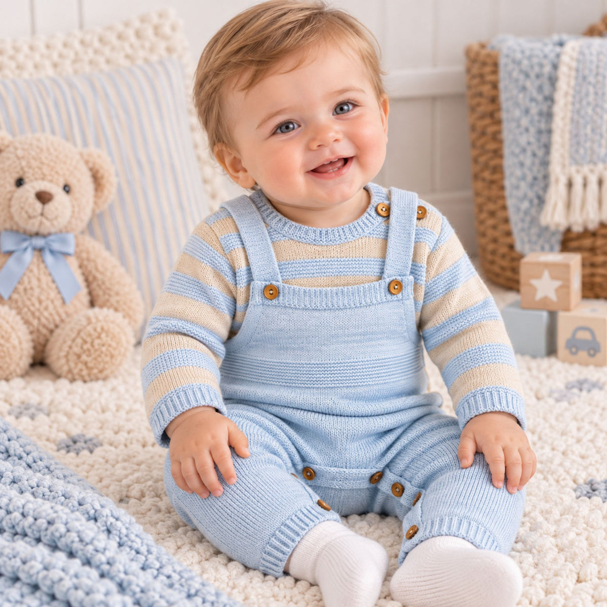 A baby sitting on a white textured rug wearing a light blue and cream striped knit romper with brown buttons. The background features a cozy nursery setting with a teddy bear, pillows, and wooden toys.