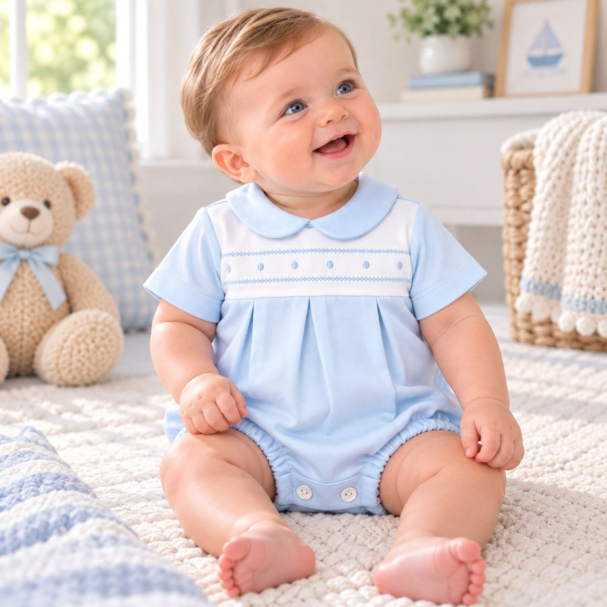 baby boy in blue romper with embroidery