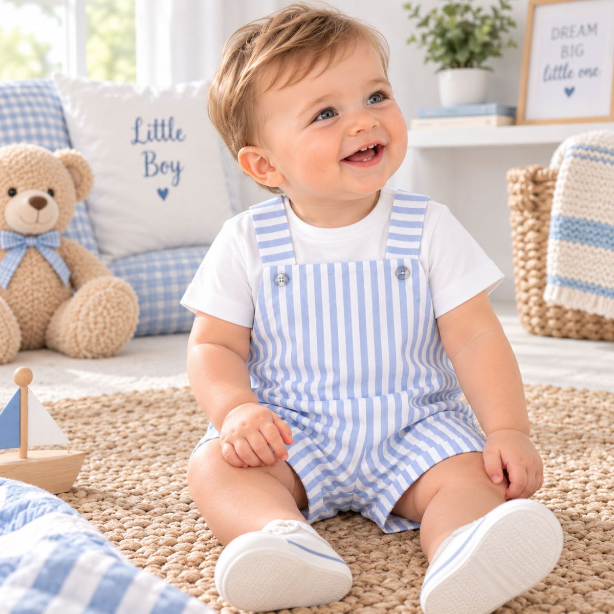 baby boy blue white striped dungaree outfit