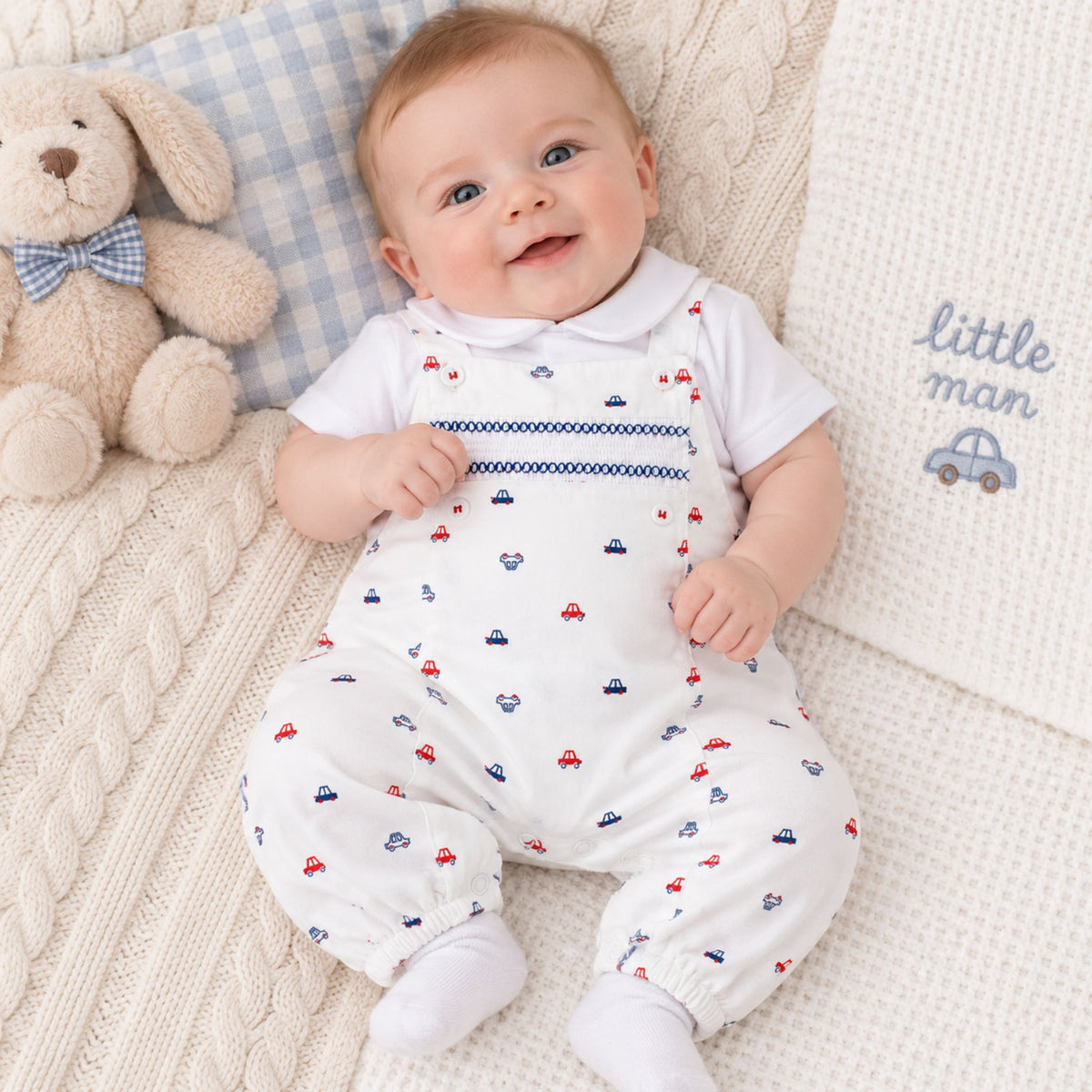 Baby Boys White Car Print Dungaree Set – My Little Chick