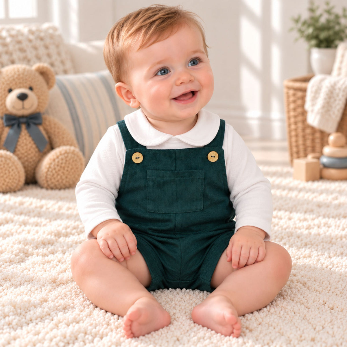 A baby sitting on a cream shag rug wearing a dark green corduroy overall romper over a white long-sleeve shirt. The background features a cozy nursery setting with a plush teddy bear, a striped pillow, and soft natural light.