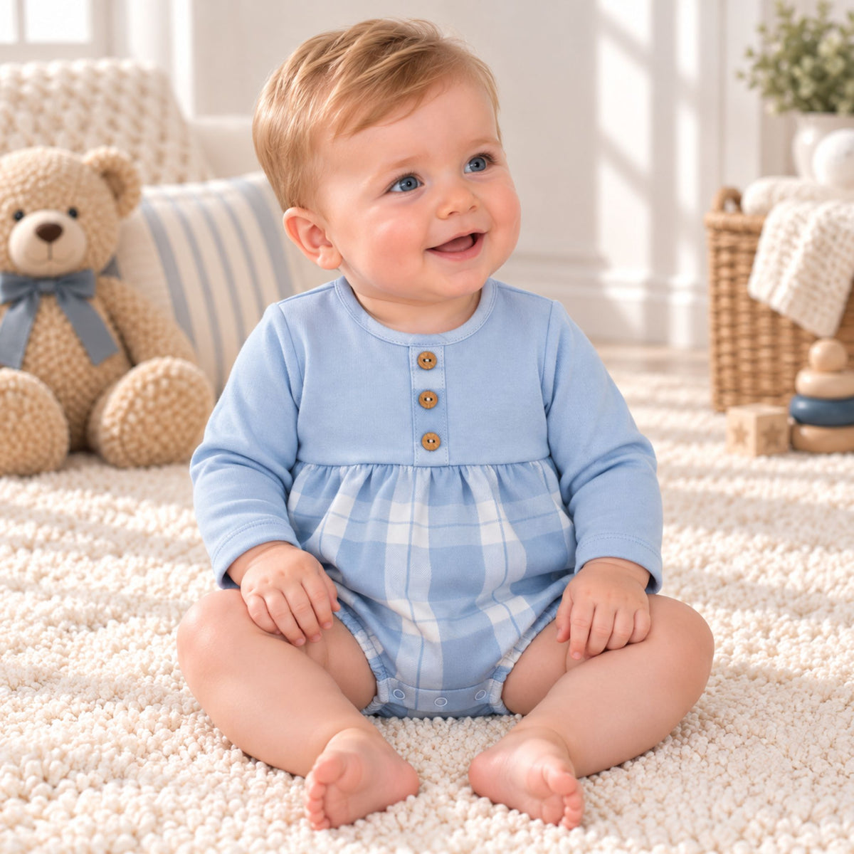 A baby sitting on a cream carpet wearing a light blue long-sleeve romper with a plaid pattern and three wooden buttons on the chest. A beige teddy bear and a wicker basket are visible in the softly lit background.