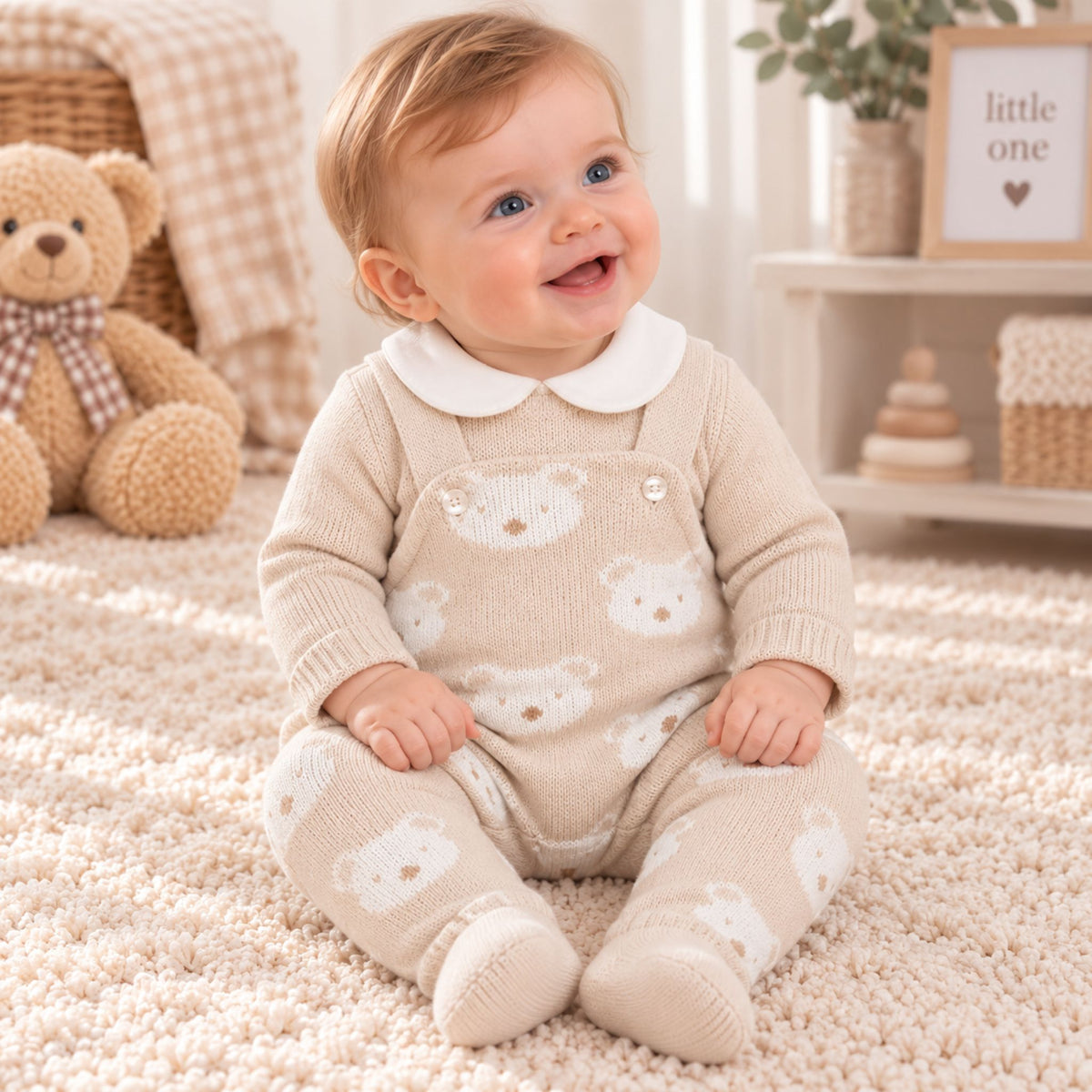 A baby sitting on a cream shag rug wearing a beige knit footed romper with a white Peter Pan collar and white teddy bear face patterns. The background shows a cozy nursery setting with a teddy bear, baskets, and a shelf.