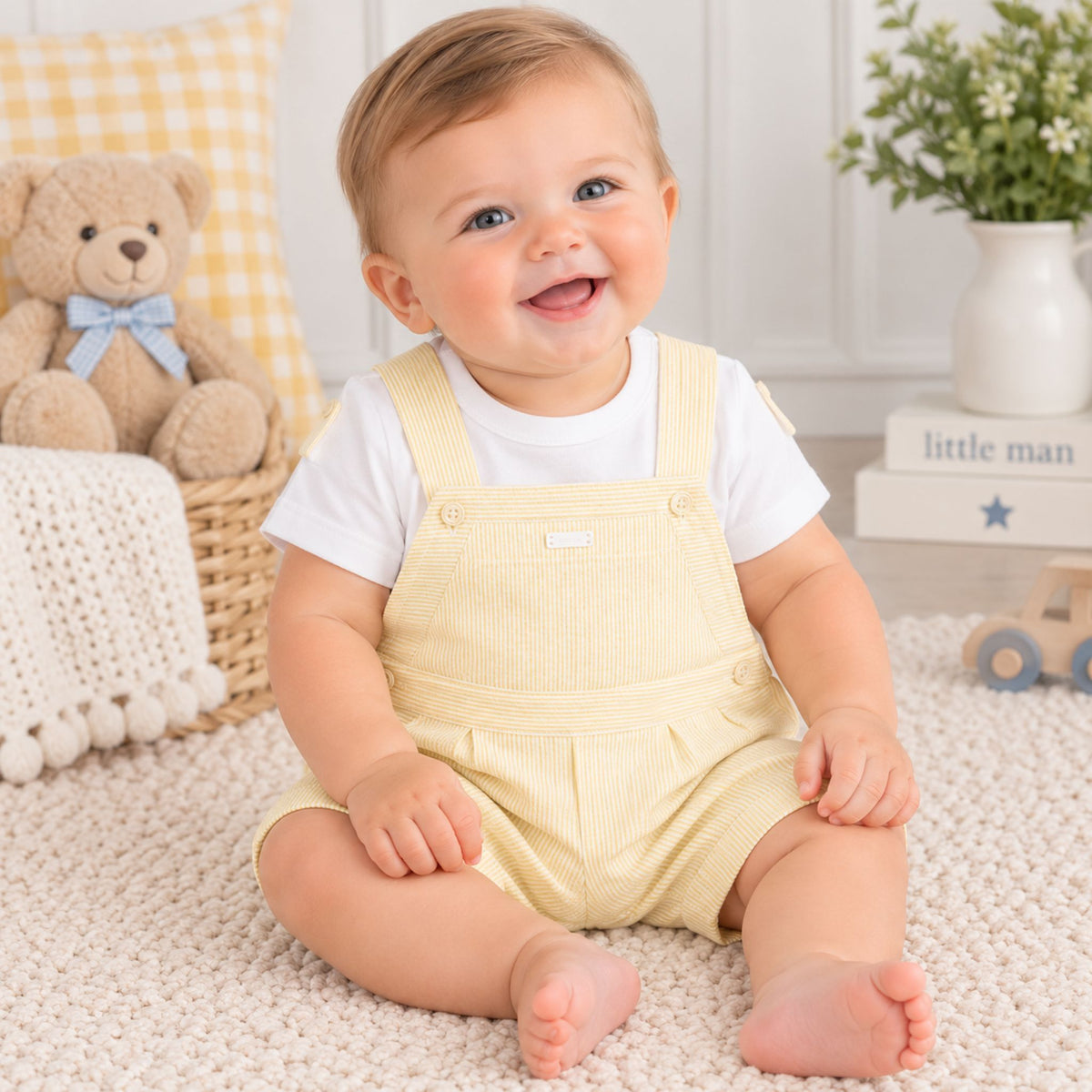 A smiling baby sitting on a cream carpet wearing pale yellow corduroy overall shorts over a white t-shirt, with a teddy bear and nursery decor in the background.
