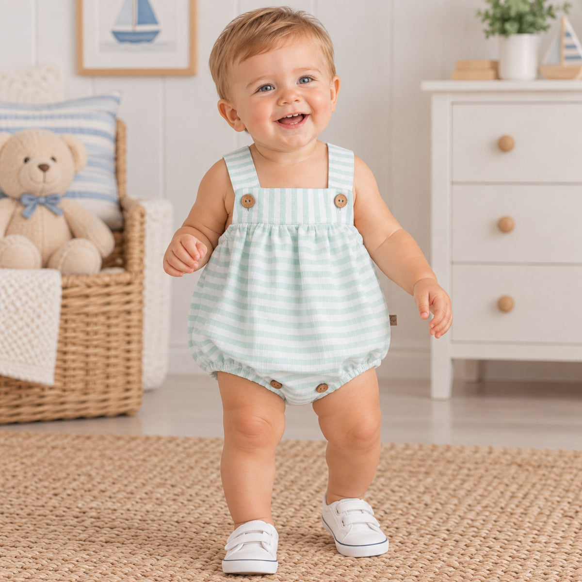 A smiling toddler stands on a woven rug in a bright nursery, wearing a pale mint and white striped bubble romper with wooden buttons and white slip-on shoes.
