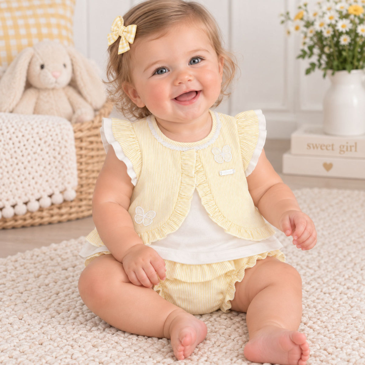 A smiling baby girl sitting on a cream knit rug, wearing a pale yellow ruffled sleeveless vest and matching diaper cover over a white bodysuit. The scene is styled with a plush bunny basket, a white vase of daisies, and a book in the background.