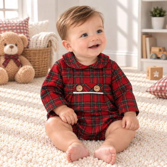 Rapife Red Tartan Baby Romper with Decorative Buttons and Peter Pan Collar