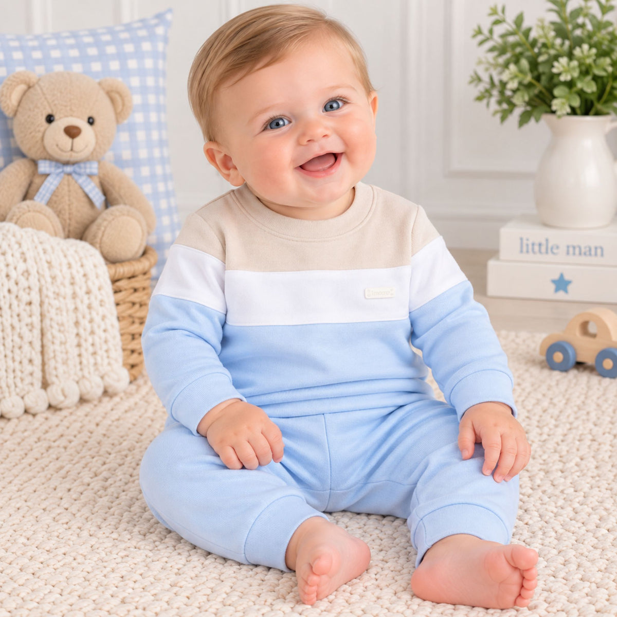 Amore Baby Boy Jog Set – Blue, White & Beige Colour Block 2-Piece