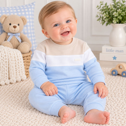 Amore Baby Boy Jog Set – Blue, White & Beige Colour Block 2-Piece
