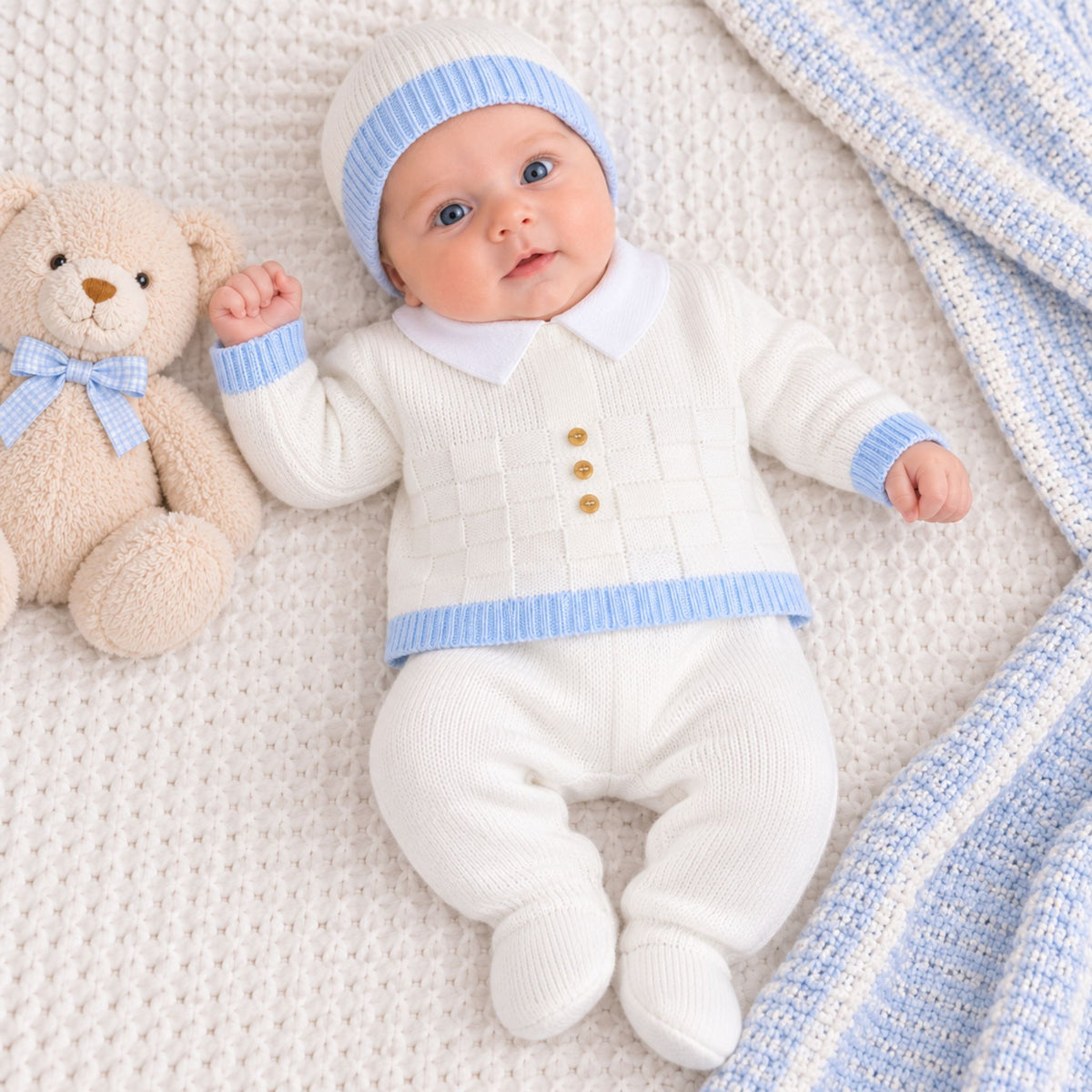 baby boy newborn white with blue stripes knitted 3 piece outfit