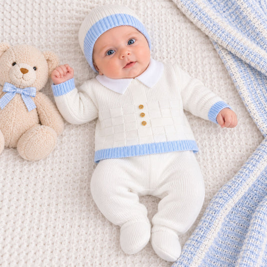baby boy newborn white with blue stripes knitted 3 piece outfit