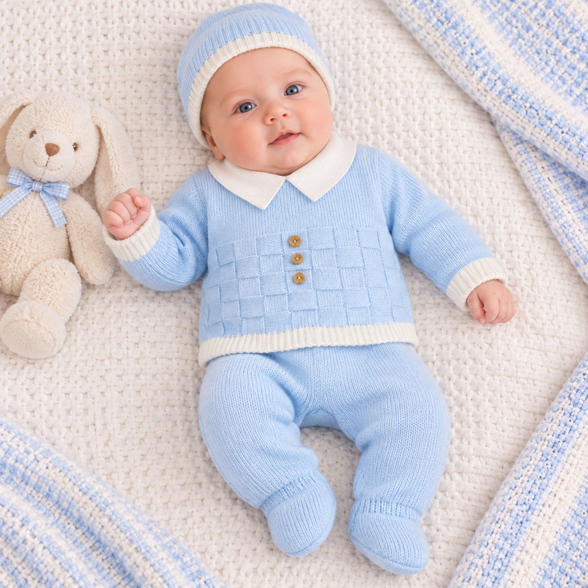 baby boy in blue knitted 3 piece outfit newborn