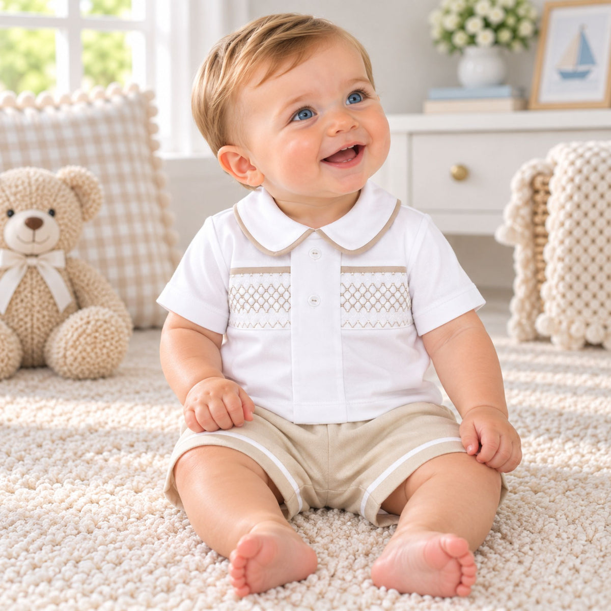 baby boy in white beige summer outfit