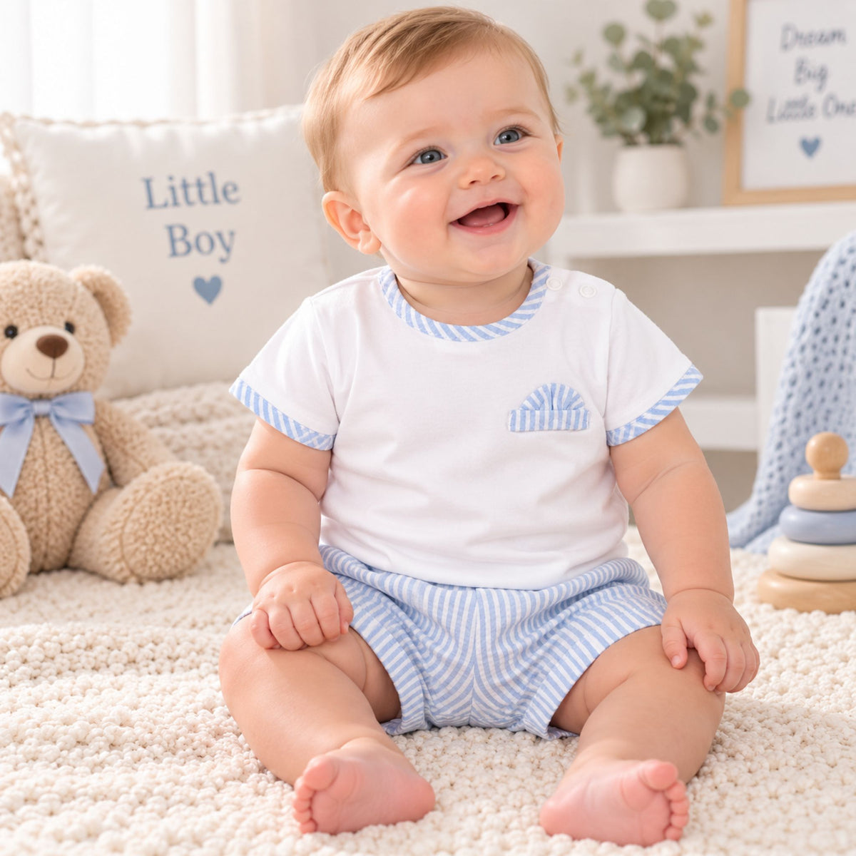 A baby sitting on a cream carpet wearing a white short-sleeve ringer t-shirt with light blue striped trim and a matching light blue and white striped romper. The background shows a cozy nursery setting with a teddy bear, a pillow that says 'Little Boy', and a wooden toy stack.