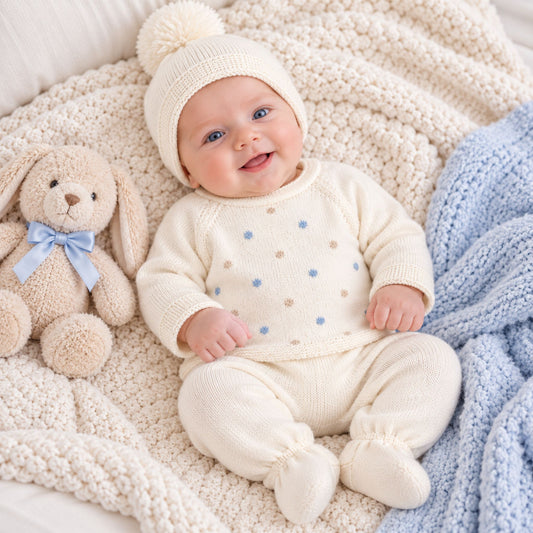 baby boy white knitted outfit with hat