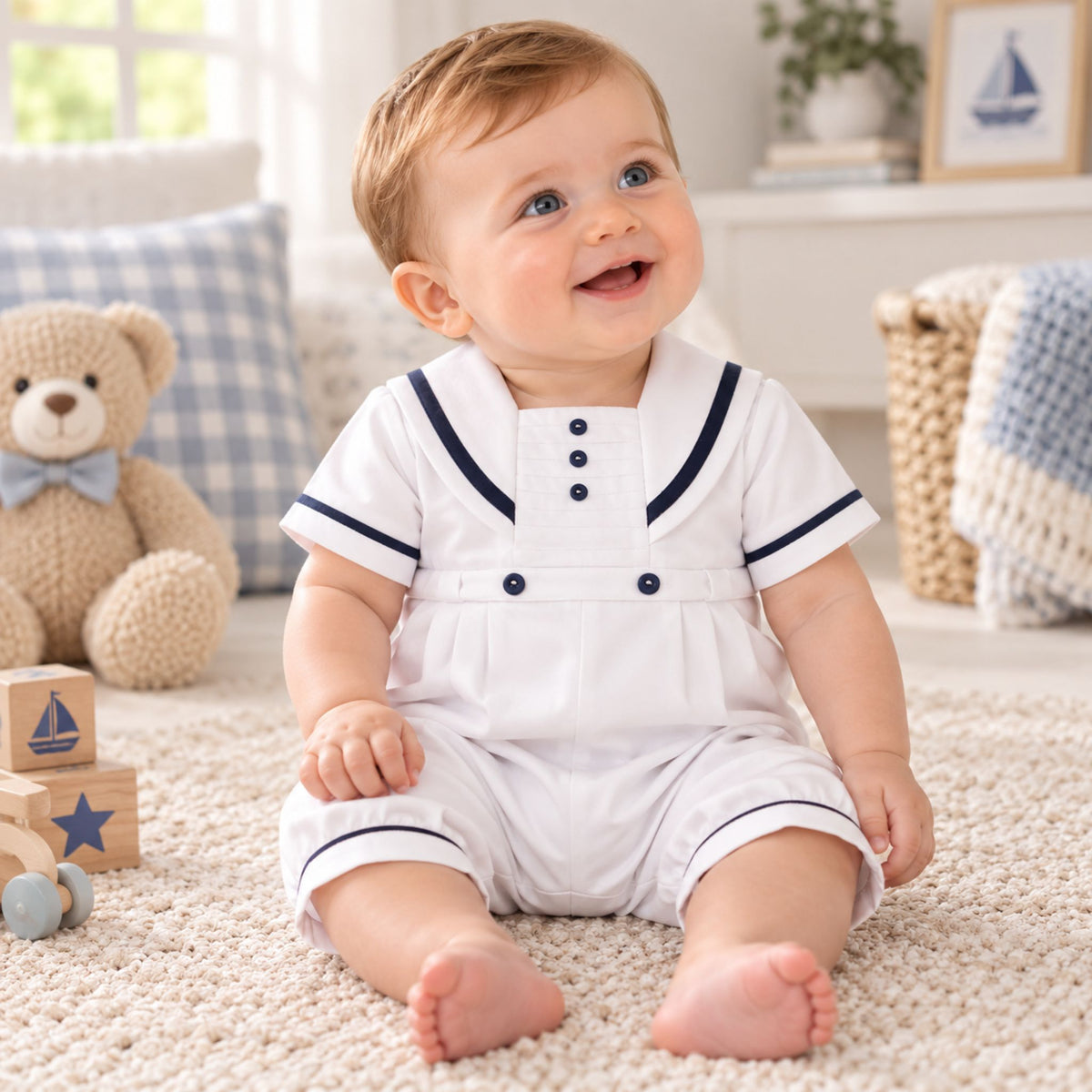 baby boy in sarah louise white navy christening romper