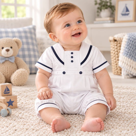 baby boy in sarah louise white navy christening romper
