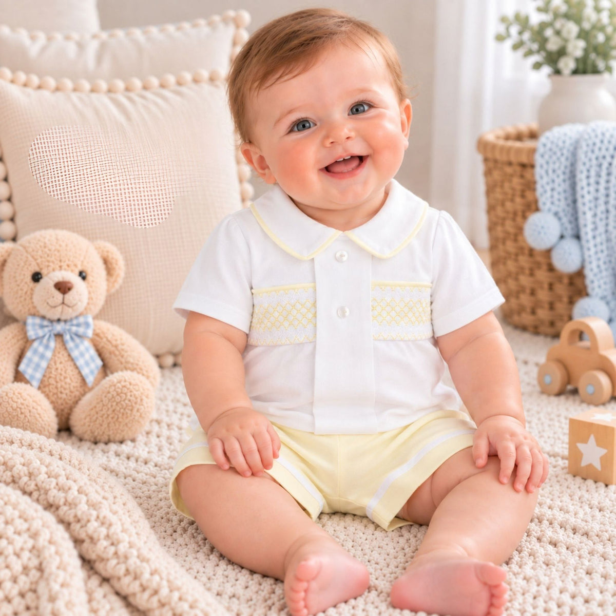 A smiling baby sitting on a cream knit blanket in a nursery setting, wearing a white short-sleeve polo romper with pale yellow trim and matching light yellow shorts. A teddy bear, pillows, basket, and wooden toy are visible around the baby.