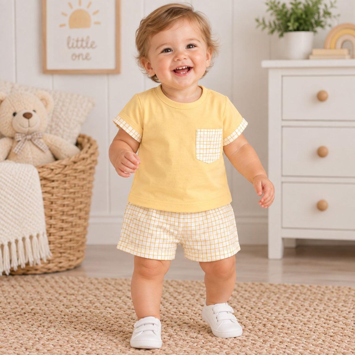 A smiling toddler stands on a woven rug in a bright nursery, wearing a pale yellow short-sleeve T-shirt with a small gingham pocket and matching gingham shorts.