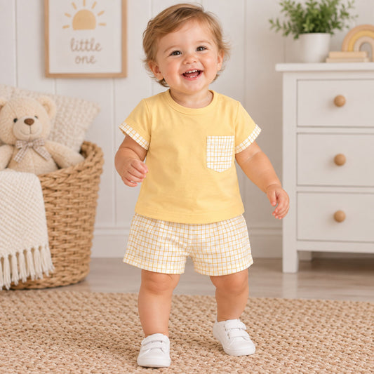 A smiling toddler stands on a woven rug in a bright nursery, wearing a pale yellow short-sleeve T-shirt with a small gingham pocket and matching gingham shorts.