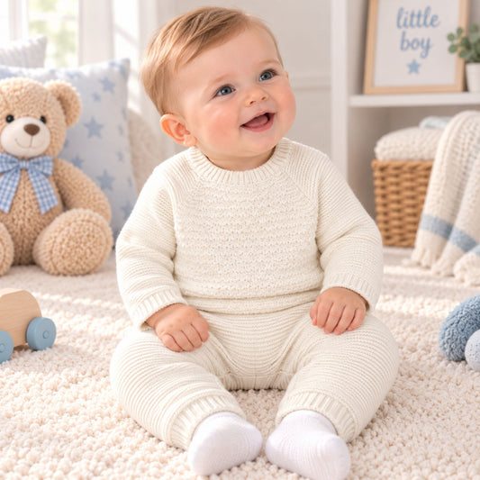A baby sitting on a cream carpet in a bright nursery, wearing a cream ribbed knit one-piece outfit with white socks. A teddy bear, pillows, and toys are visible in the background.