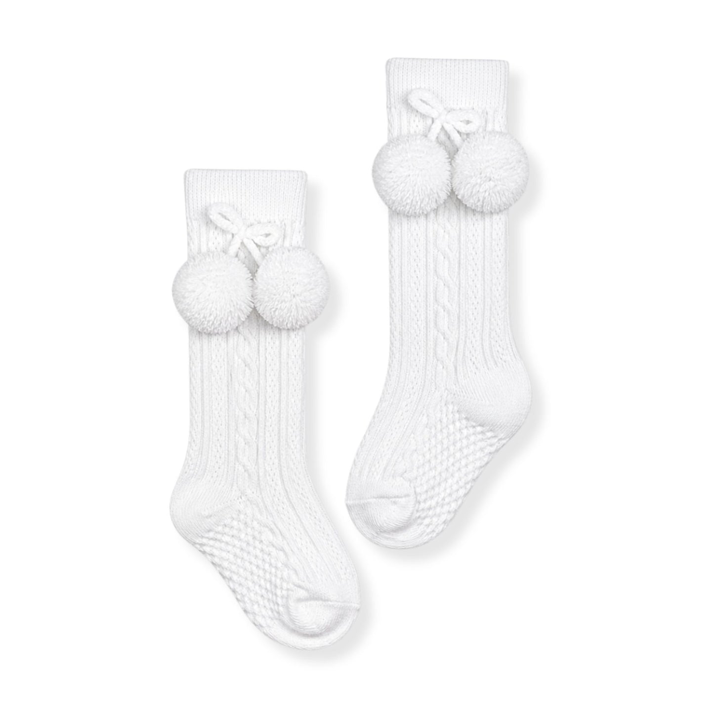 baby boy white  knee high pom pom socks in a spanish style
