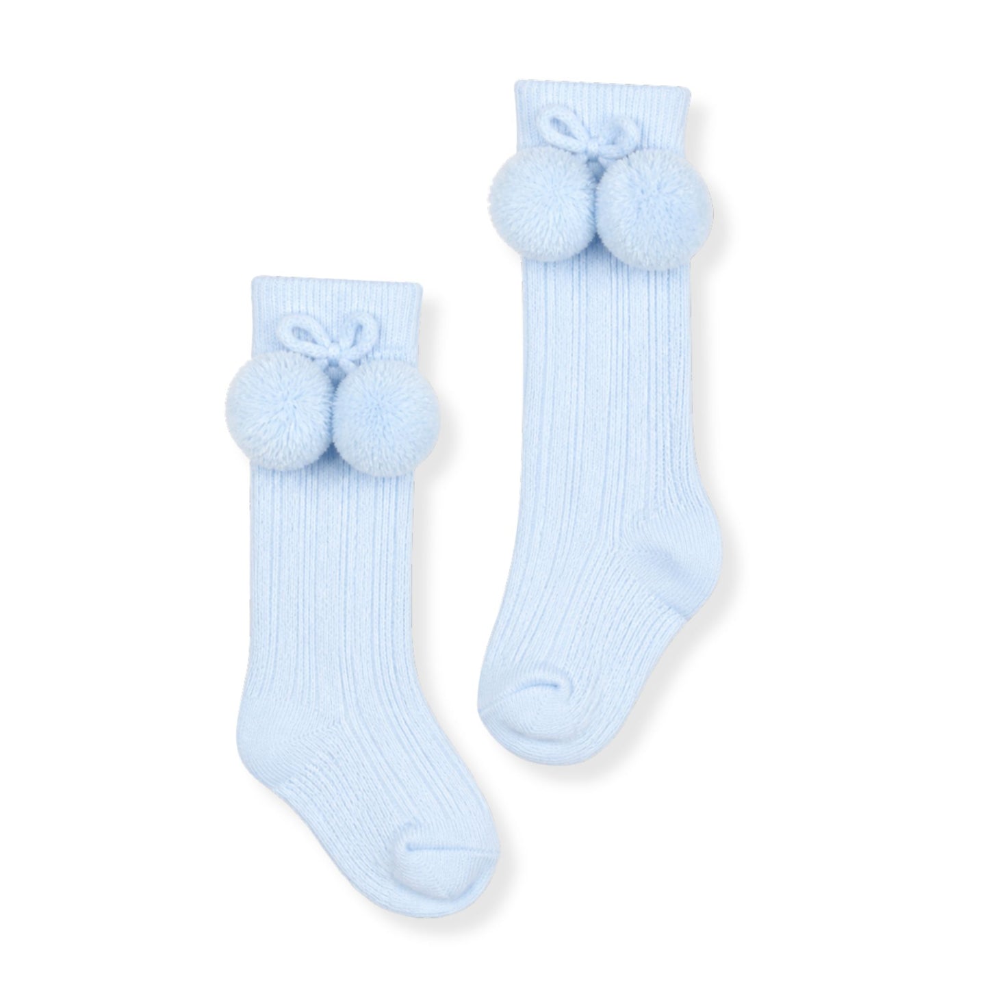 baby boy blue knee high pom pom  socks in a spanish style 