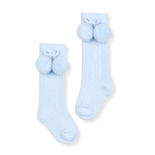 baby boy blue knee high pom pom  socks in a spanish style 