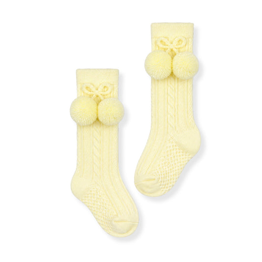 baby boy lemon yellow knee high pom pom socks