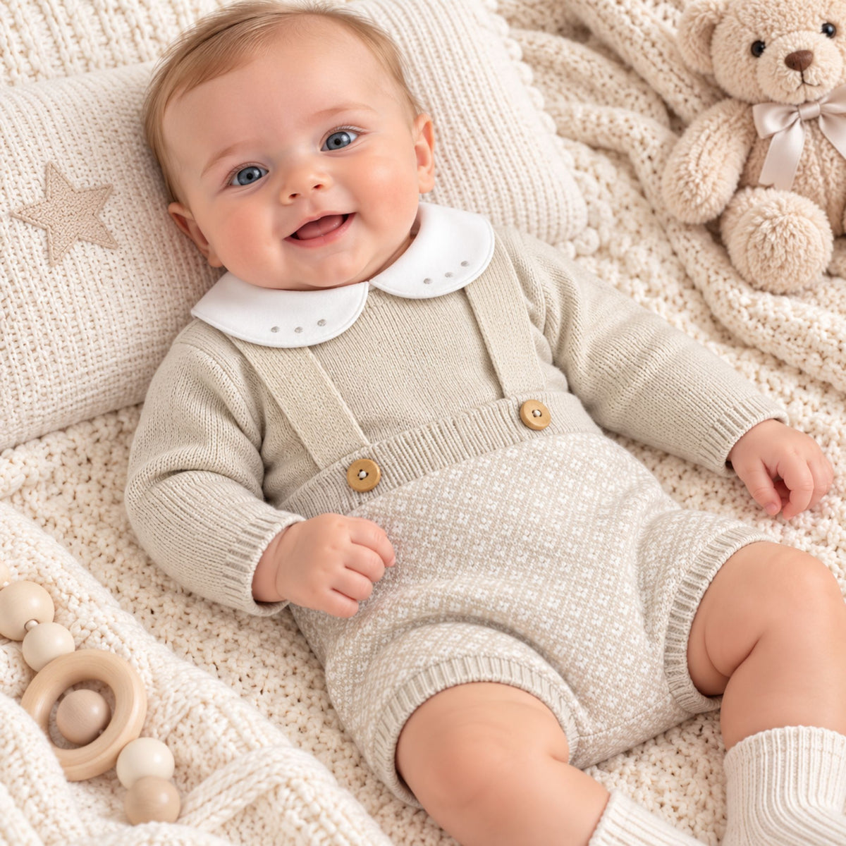 Baby Boys Beige Knitted Jumper & Jam Pants with Braces Set