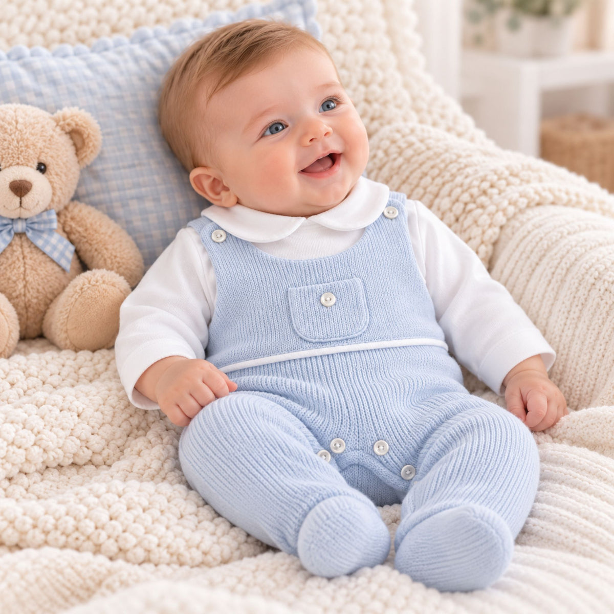 baby boy in blue dungaree outfit