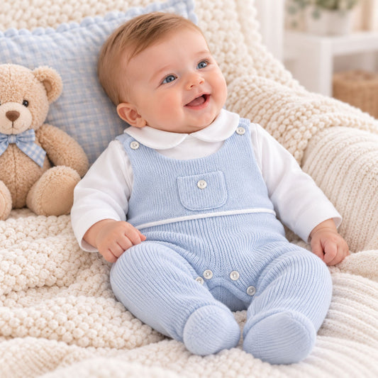 baby boy in blue dungaree outfit